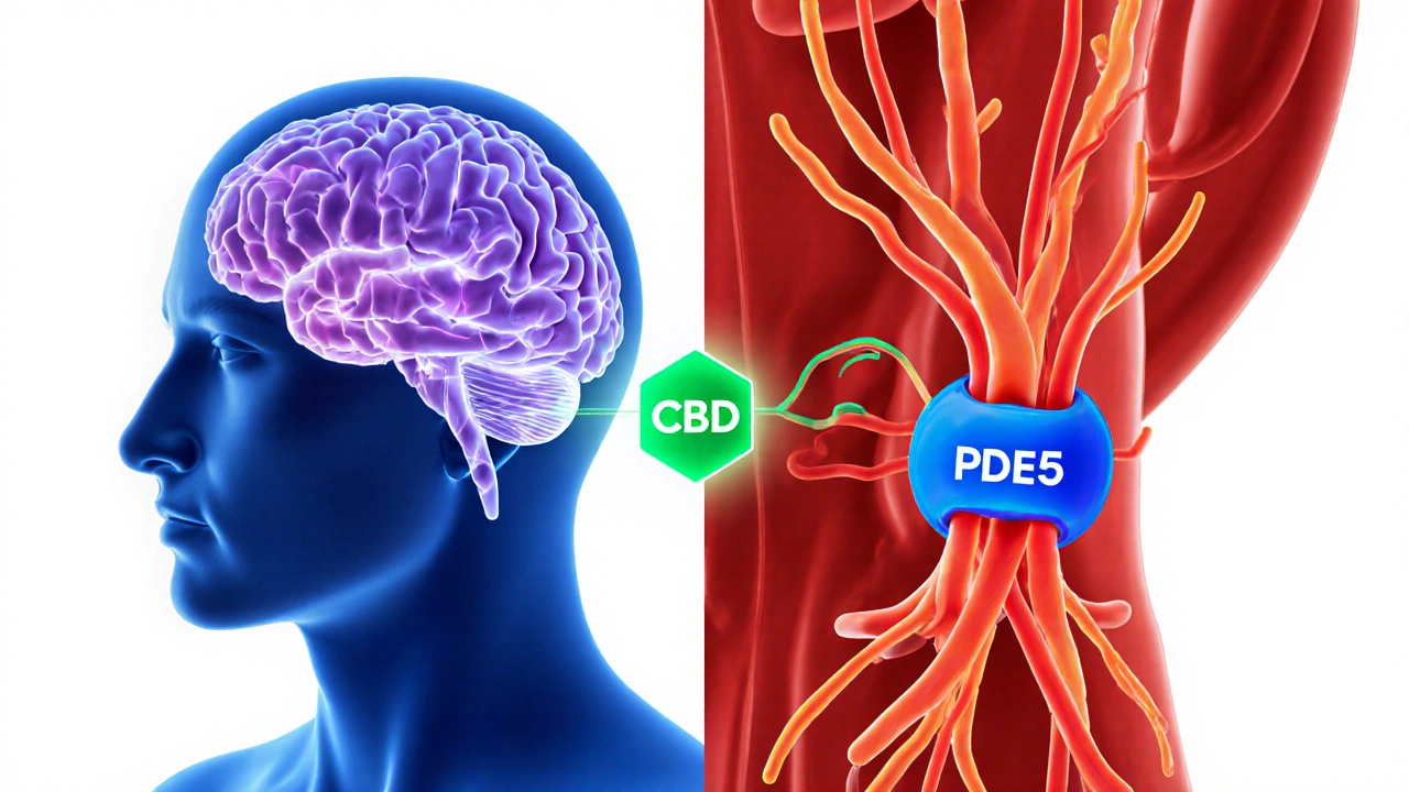 Illustration of a brain calming with CBD and penile blood vessels dilating with Sildenafil.
