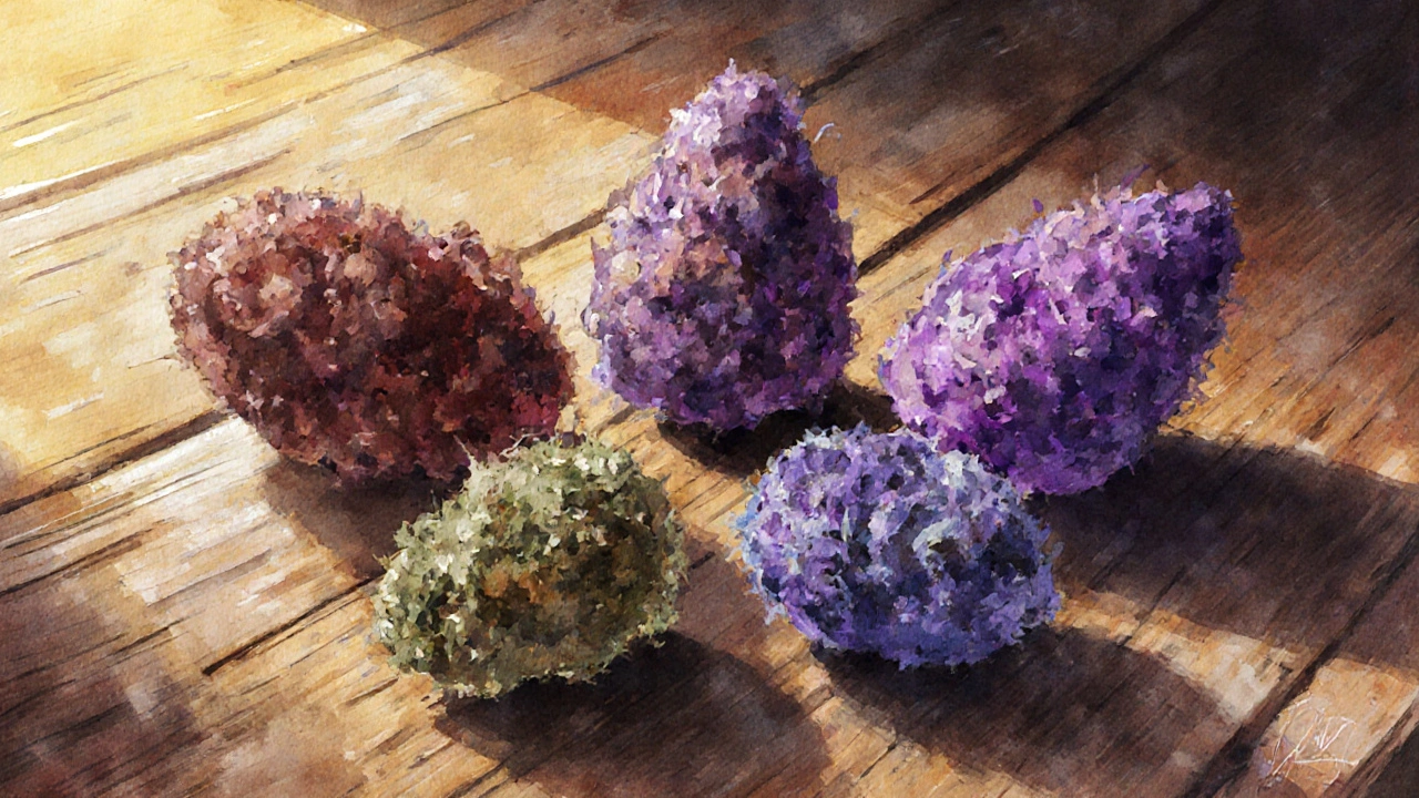 Ilustrace čtyř nejmocnějších indica odrůd v kruhu na dřevěném stole.