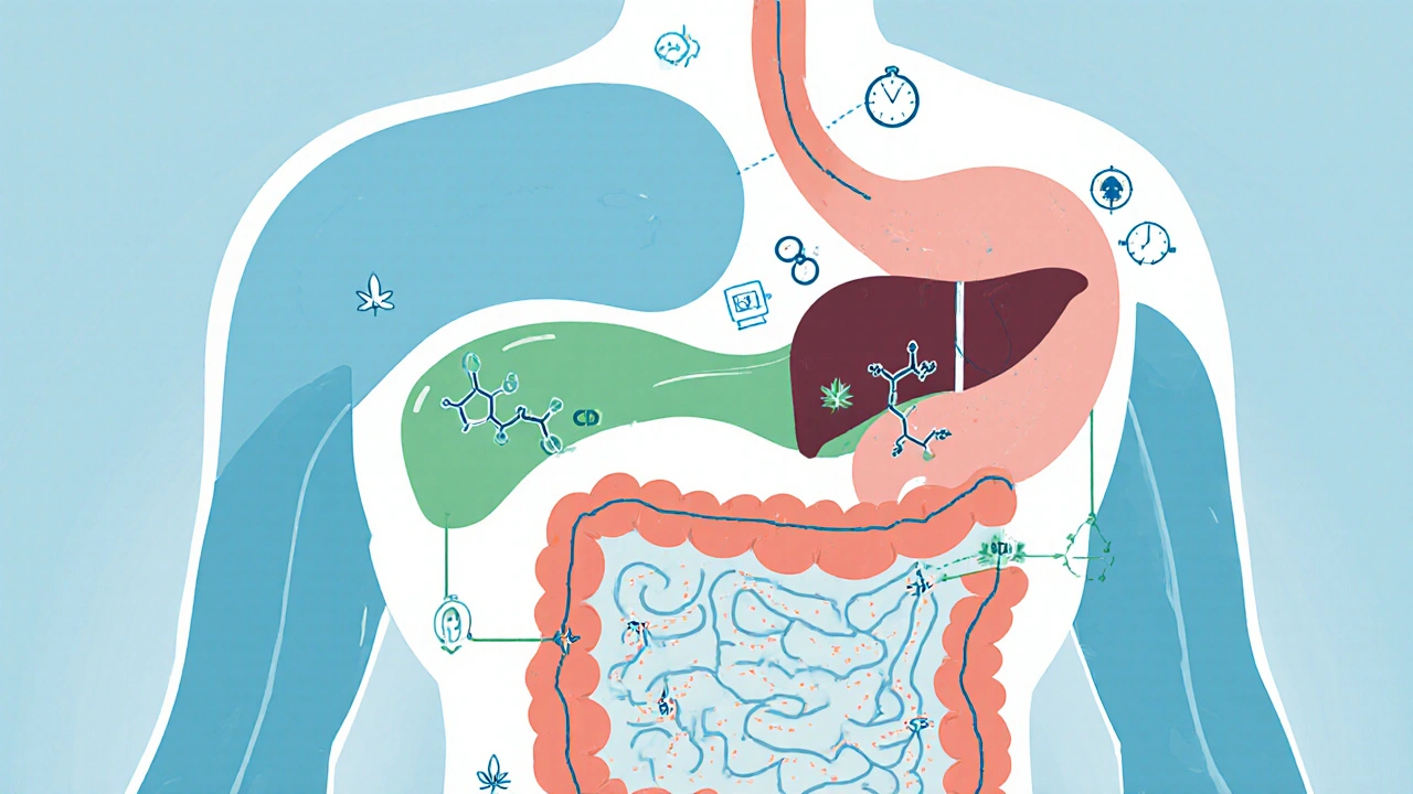 Ilustrace trávicího traktu ukazující, jak CBD prochází žaludkem a játry a mění se na 7‑hydroxy‑CBD.