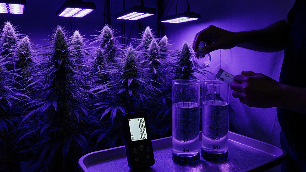 Interiér indoor pěstování s hydroponickým systémem, měřáky pH a EC a květící konopí.