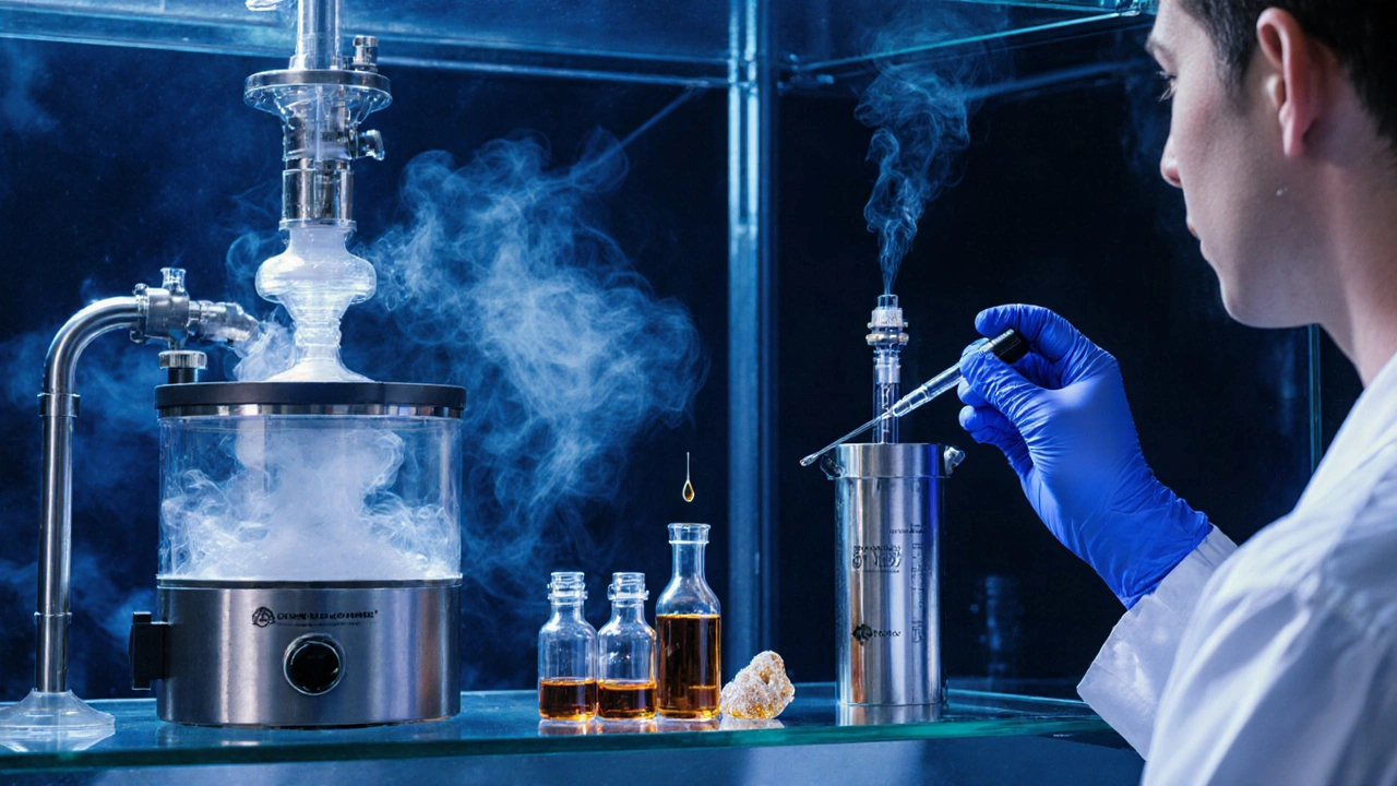 Laboratorní scéna s extrakcí konopí: CO₂ zařízení, skleněné ampulky s olejem a krystaly.