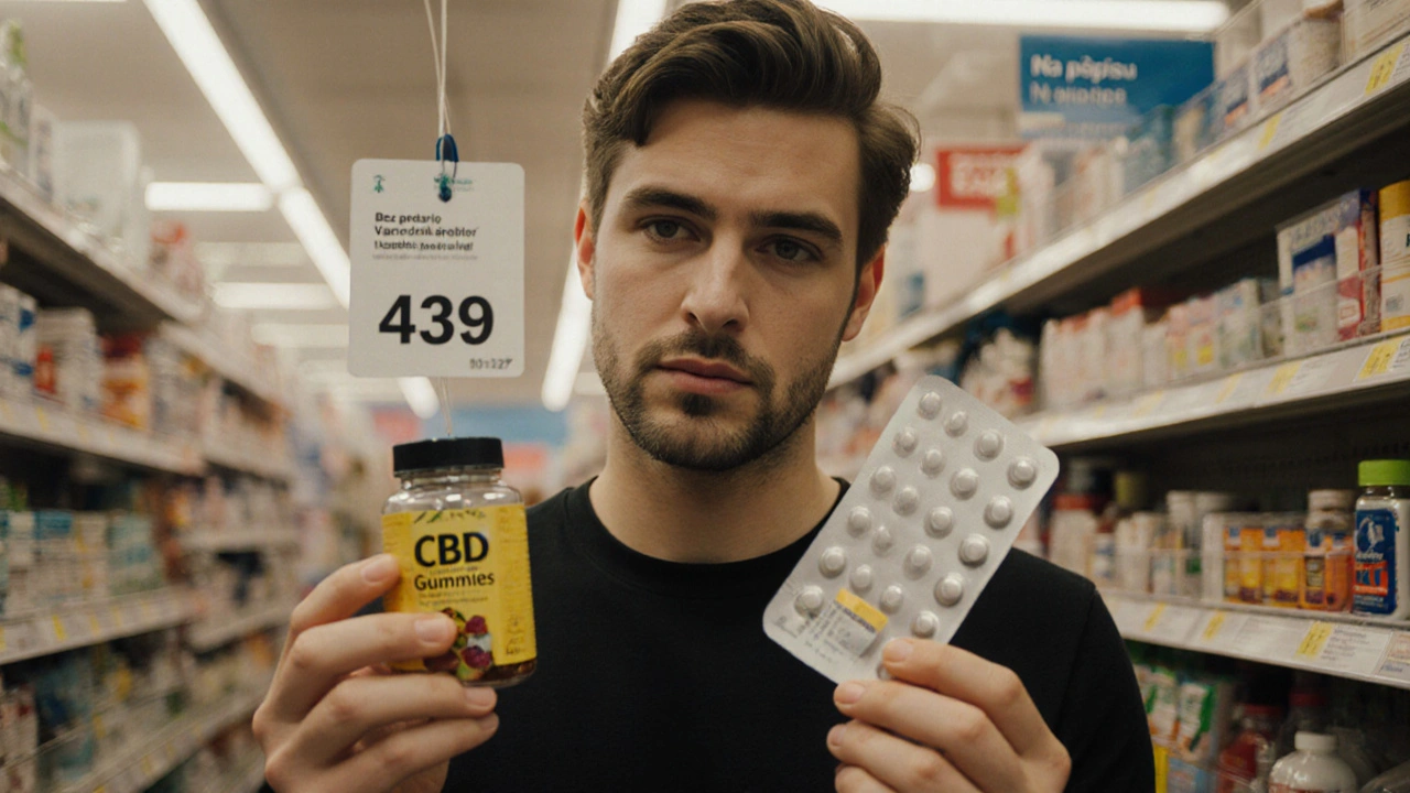 Man in pharmacy holding CBD gummies and Viagra, looking at price tags.