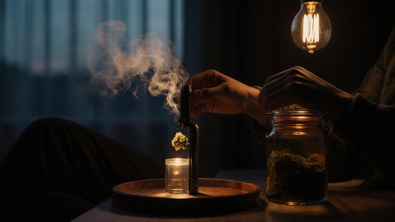 Osoba používá vaporizér s CBD květem, skladována v skleněné nádobě, v klidném osvětlení