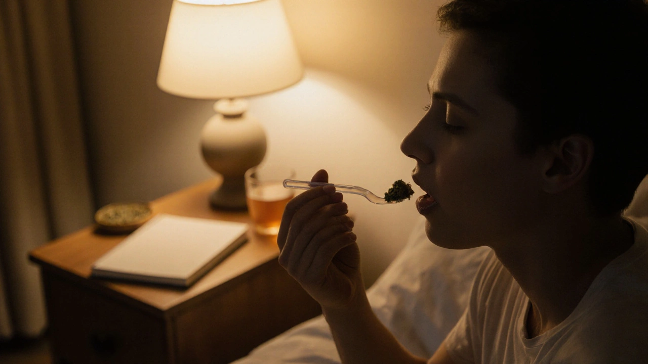 Osoba přijímá CBD crumble pod jazyk v klidném prostředí