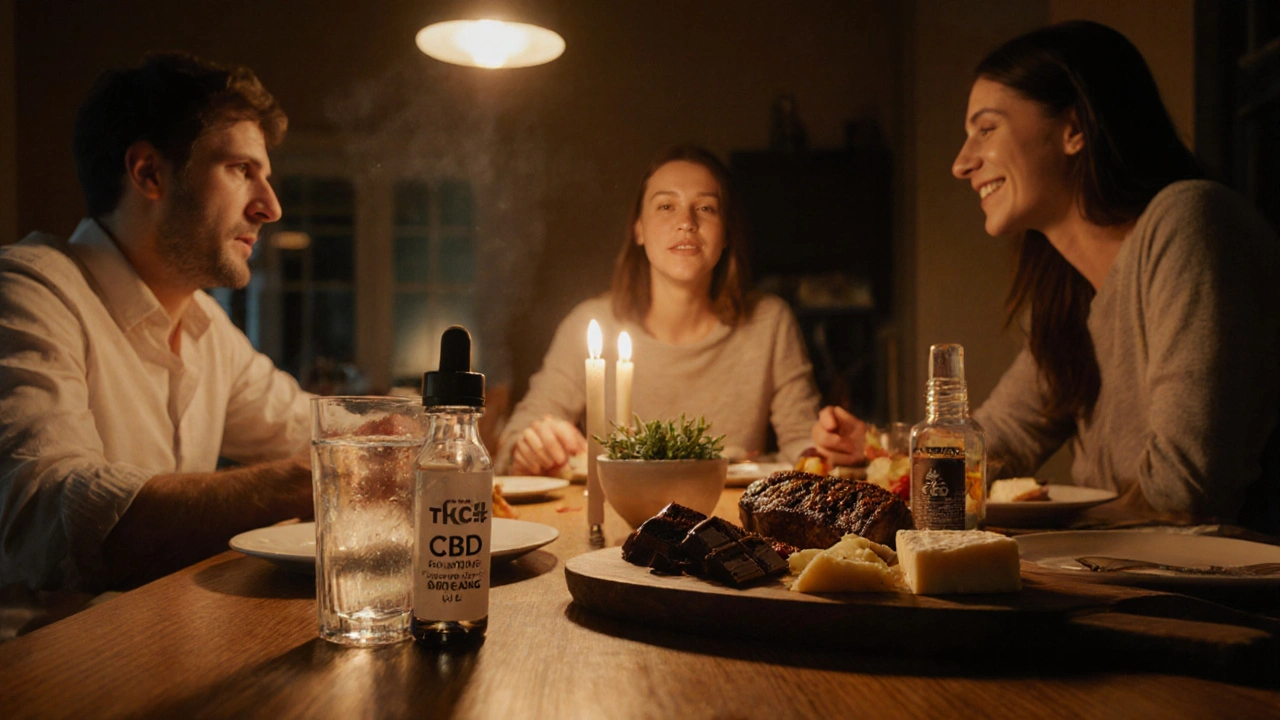 Přátelé u svíčkového stolu, sdílející kanabisové jídlo s vodou a CBD kapkami.