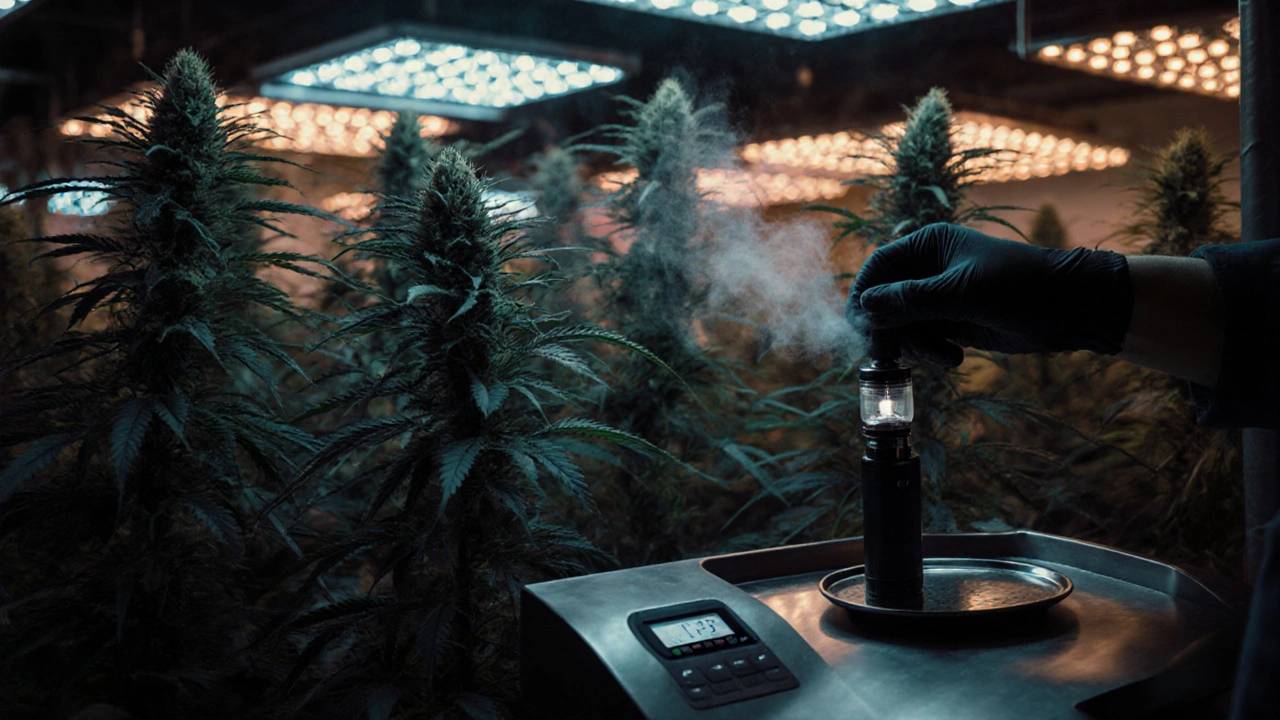 Scéna indoor pěstování indica s LED osvětlením a vaporizérem.