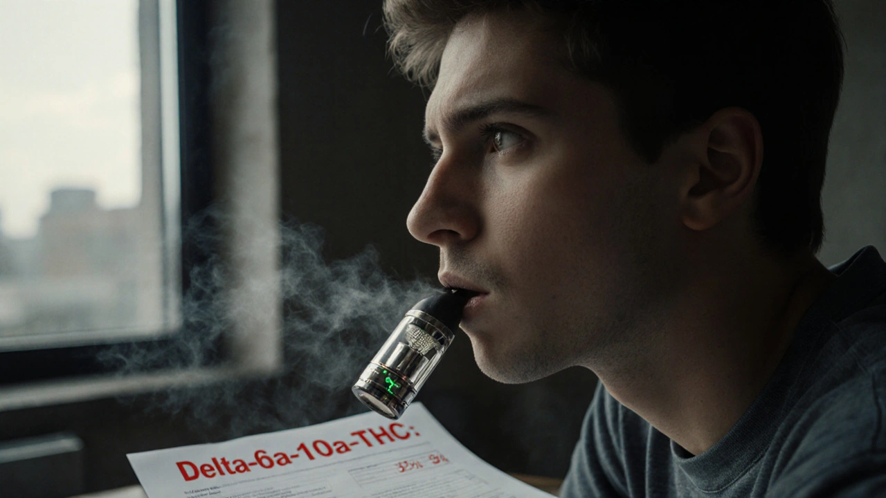 Close-up of person hesitating with vape pen, molecular structure of Delta-6a(10a)-THC visible in reflection