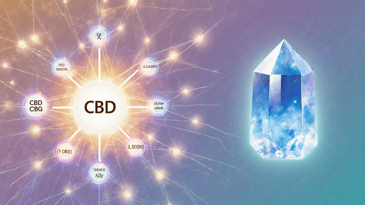Glowing network of cannabinoids and terpenes surrounding a CBD molecule, contrasting with a solitary isolated CBD crystal.