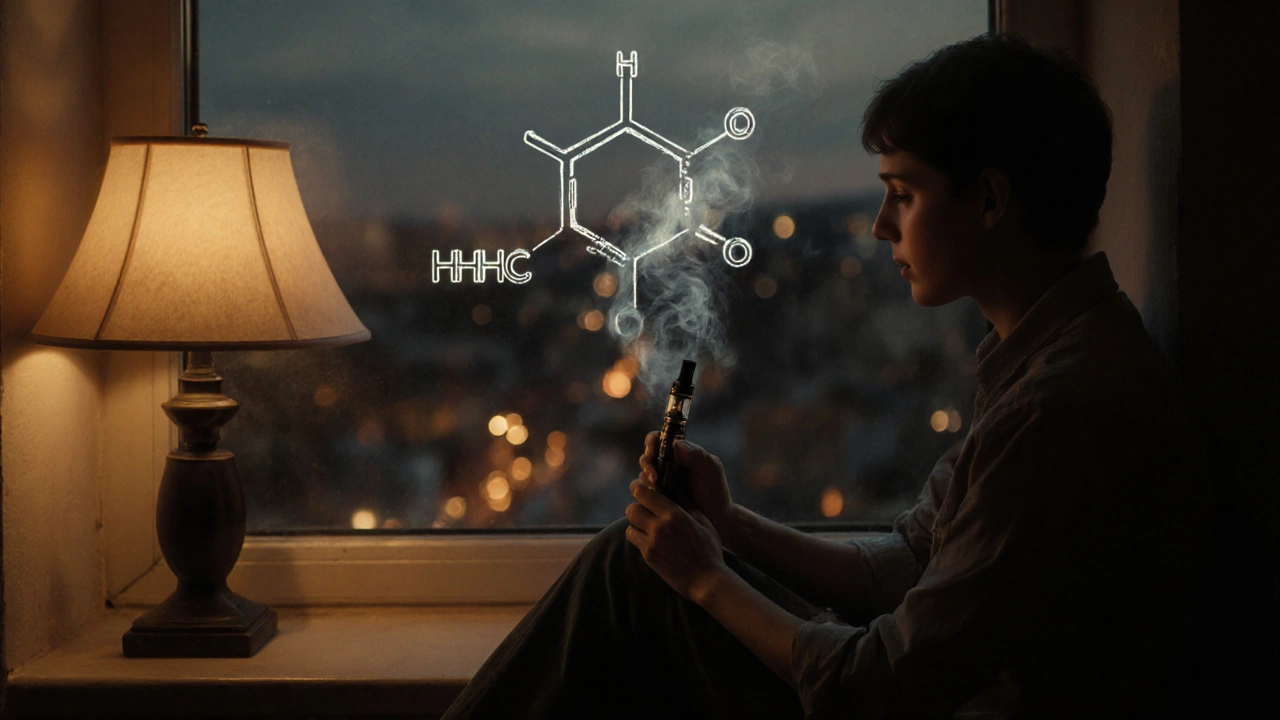 Osoba sedí u okna večer s vape penem, v pozadí měkké městské osvětlení.