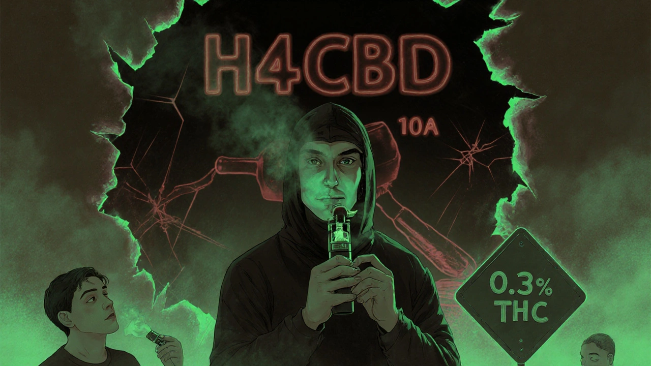 Person holding H4CBD vape while a shadowy Delta-6a(10a)-THC figure looms behind, symbolizing hidden strength