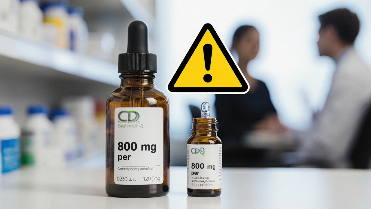 Police s CBD produkty, kde jedna lahvička je označena 800 mg, ale používá se jen jedna kapka.