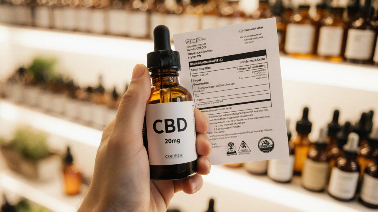 Ruka drží láhev s CBD nápojem vedle certifikátu o analýze, pozadí je měkkým rozmazáním regálu s přírodními doplňky.
