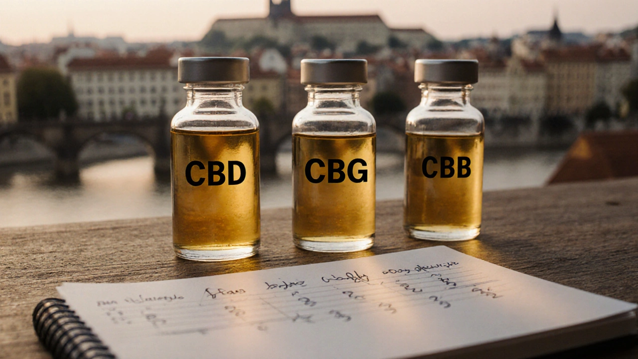 Tři lahvičky s CBG, CBD a jejich kombinací vedle deníku s hodnocením bolesti.