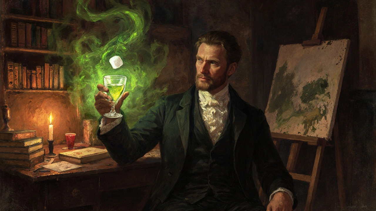 Umělec v 19. století drží sklenici absinthu v temné dílně