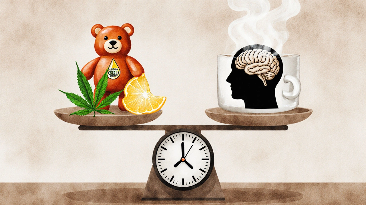 Váha s CBD zákusem a kávou, symbolizující rovnováhu energie a klidu.