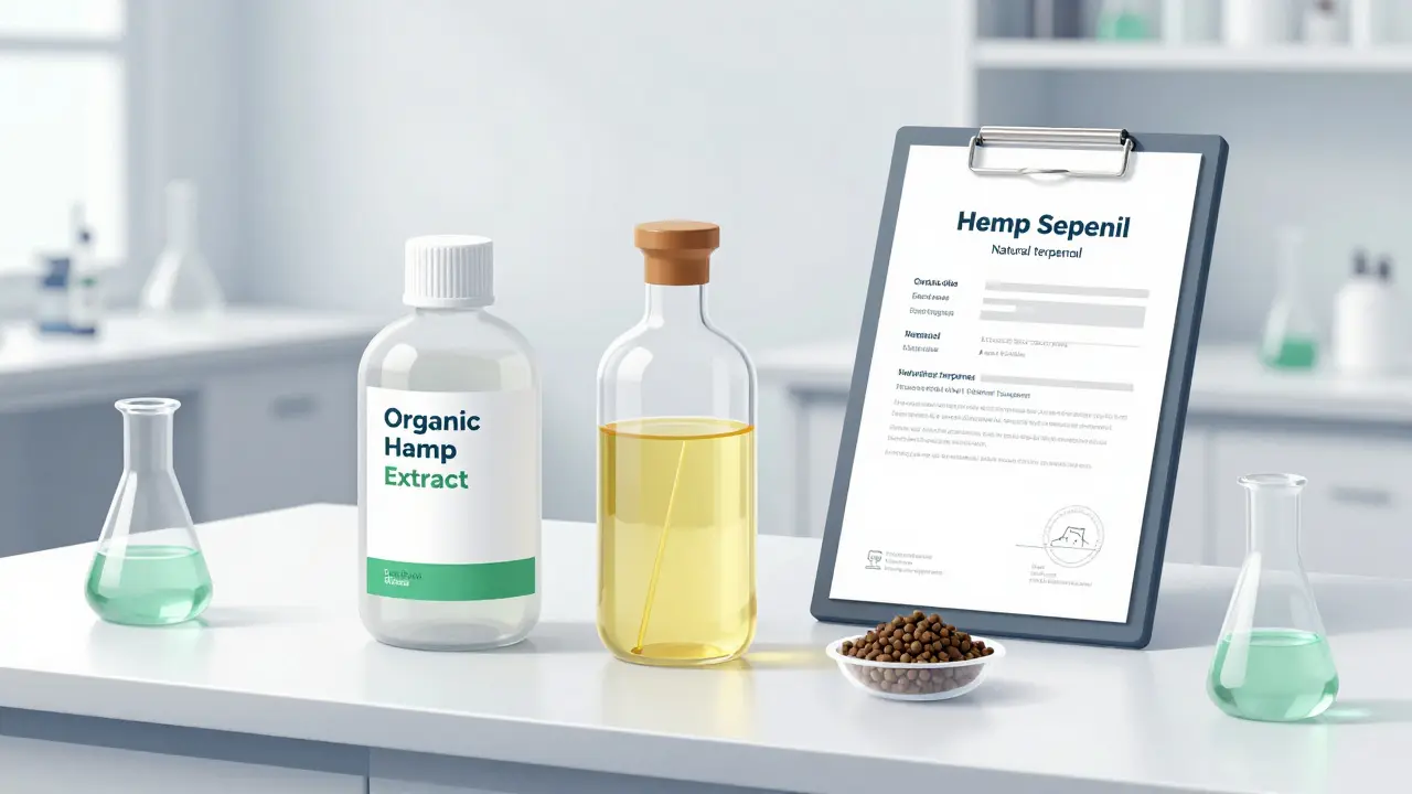 Čisté složky CBD pro zvířata v laboratoři: extrakt, olej a terpeny.