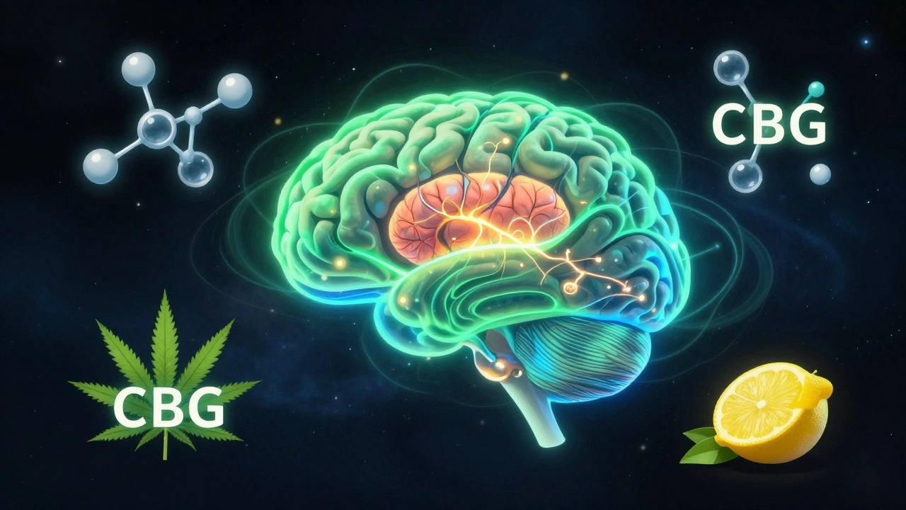 Lidský mozek září ochrannými vlnami s molekulami CBG a terpenů, symbolizující neuroprotektivní účinky.