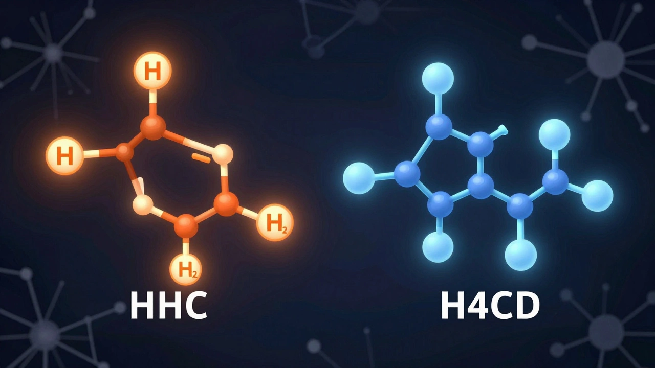 Molekulární struktura HHC a H4CBD s různým vazebným chováním k nervovým receptorům v temném prostředí.
