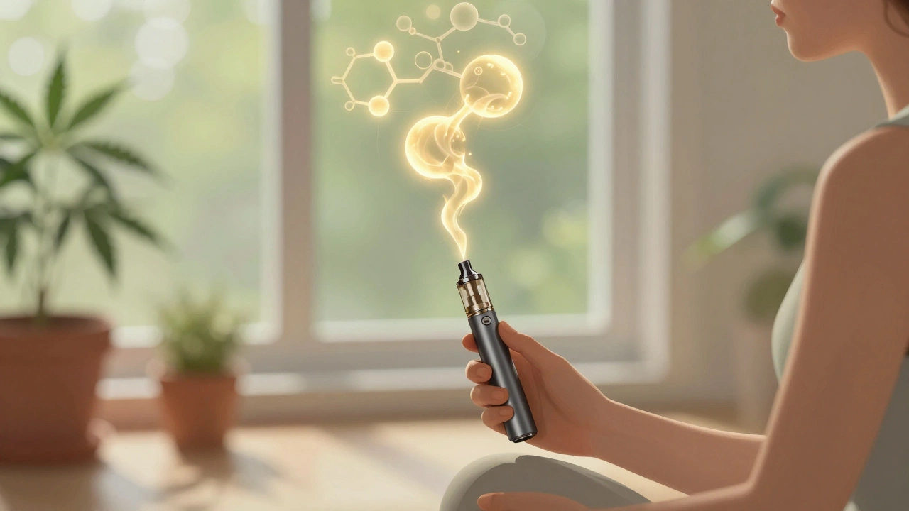 Osoba meditující s vapeřem, z něhož se vynořují terpeny a CBD molekuly ve formě výparů.