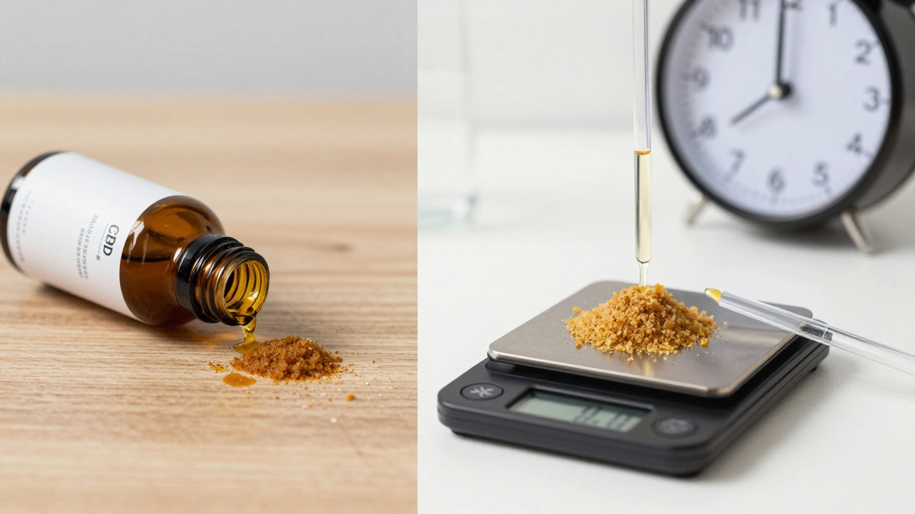 Porovnání přesné dávky CBD crumble s rozlitým CBD olejem na stole s časovým ukazatelem účinku.