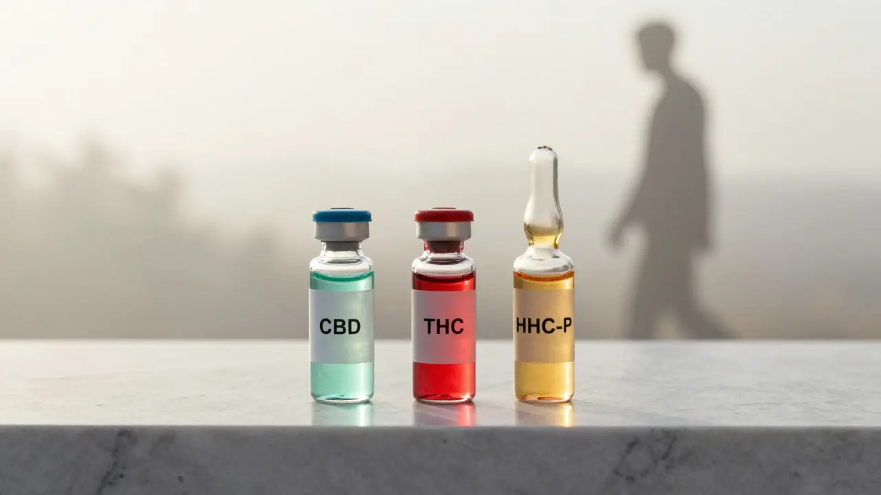 Porovnání tří cannabinoidů: CBD, THC a HHC-P v minimalistickém uspořádání.