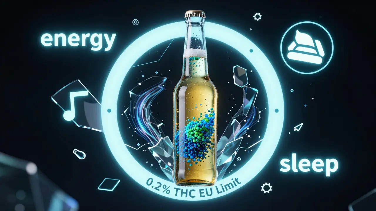 Průhledná láhev piva s CBD molekulami, obklopená právní hranicí 0,2 % THC v EU.