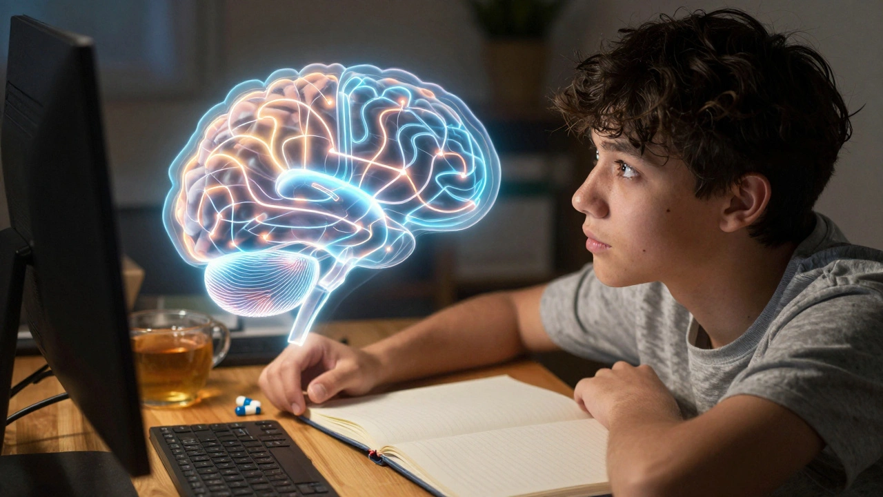 Student s průhlednou neuronovou sítí v hlavě pracuje na psaní, vedle něj kapsle CBG.