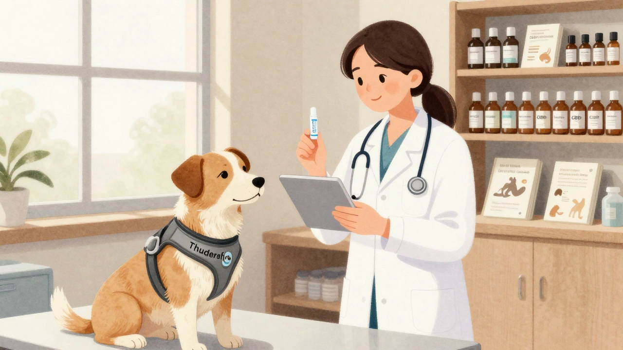 Veterinář drží tabletu diphenhydraminu vedle psa v Thundershirtu, v pozadí CBD oleje a knihy o chování.