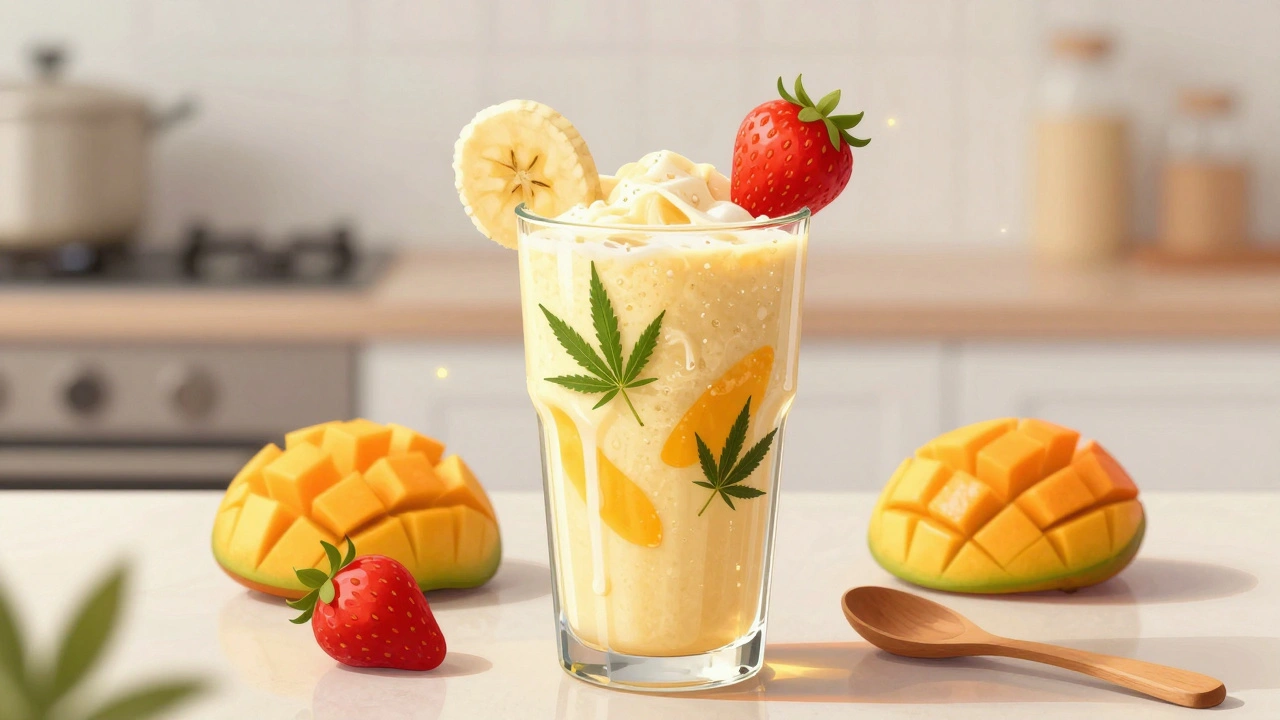 Živě barvivý ovocný smoothie s kokosovým mlékem a listy konopí v sklenici.
