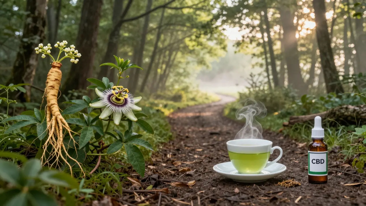 Cesta lesem s přírodními alternativami úzkosti: valeriana, pasiflora, čaj a CBD olej.