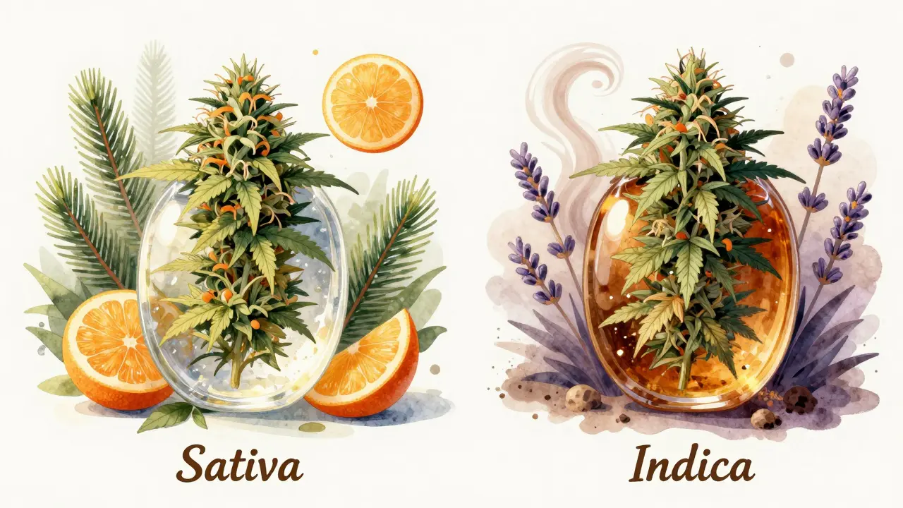 Dva typy shatteru vedle sebe: sativa s citrusovými prvky a indica s liliovými tóny.