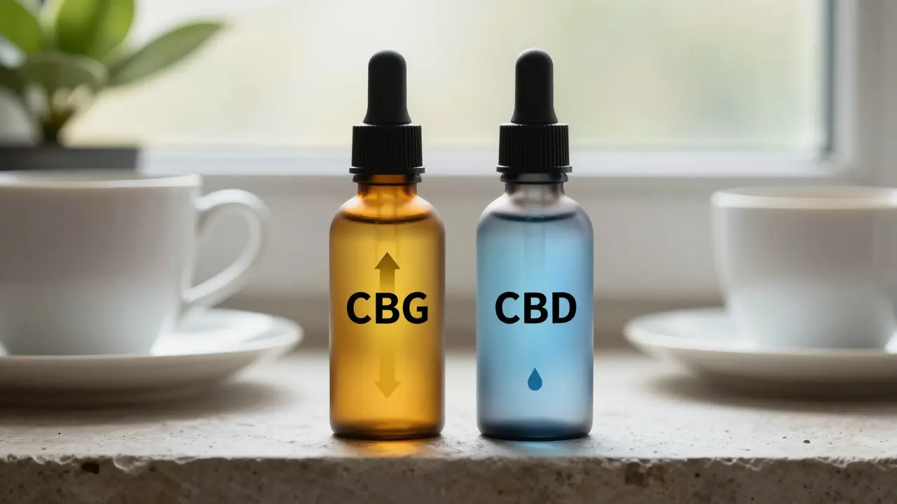 Dvě láhve CBG a CBD vedle sebe s různými symboly energie a klidu.