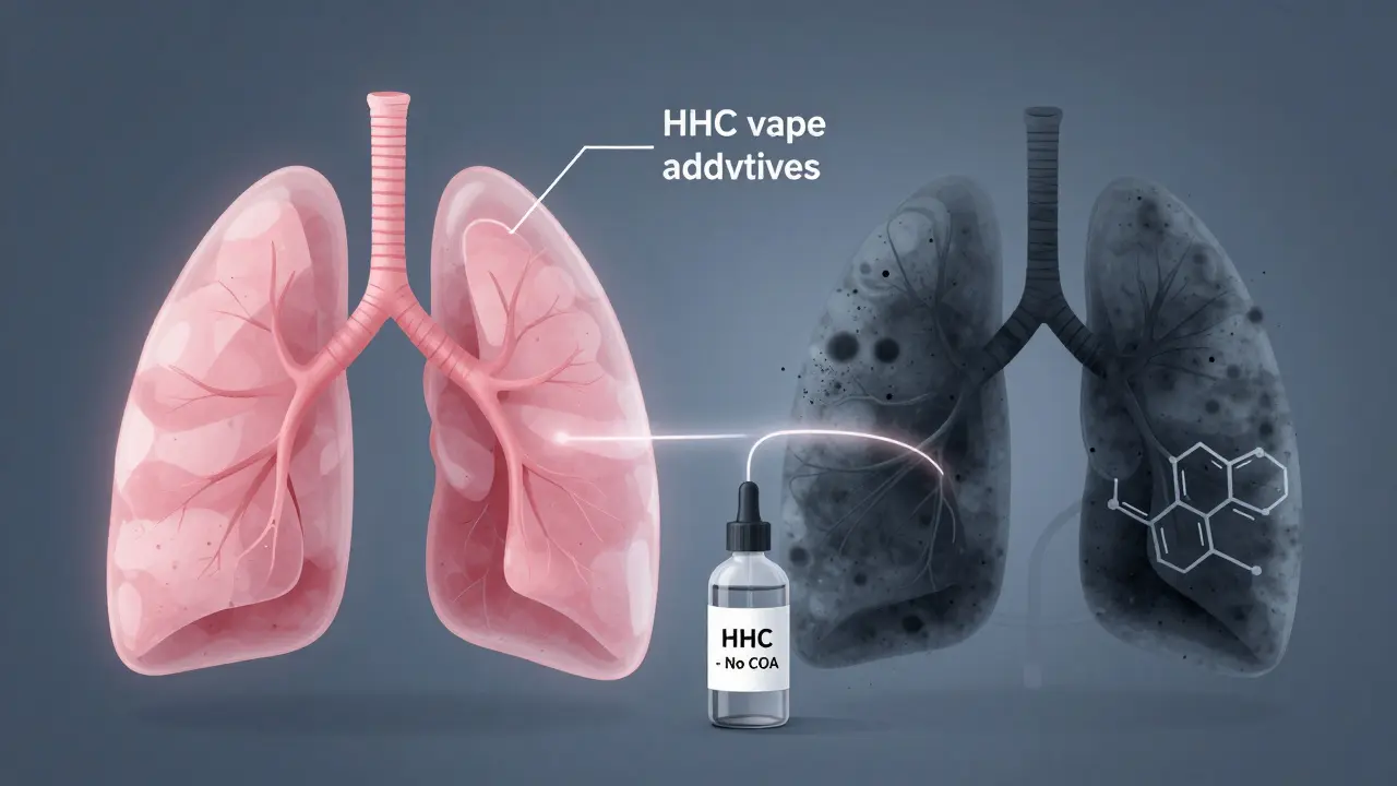 Dvě průhledná plicní tkaně: zdravá a poškozená, spojená s nekontrolovaným HHC produktem.
