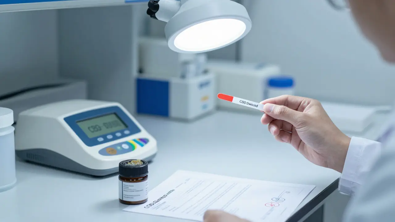 Laboratorní test moči s detekcí CBD a certifikátem kvality CBD crumble.