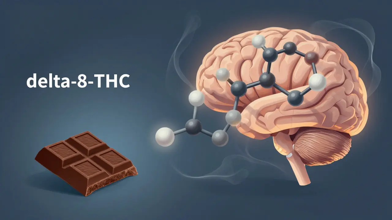 Molekulární struktura delta-8-THC spojená s mozkem a jemnými světelnými proužky.