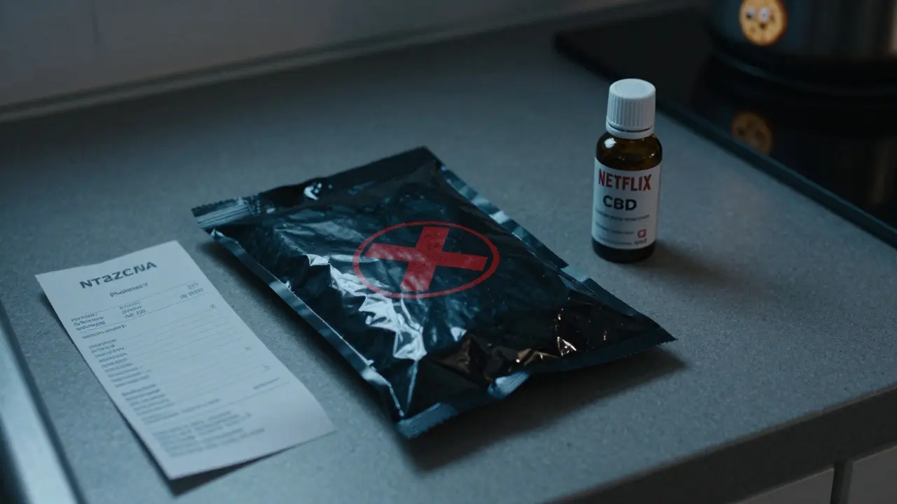 Nelegální balení konopného jídla na kuchyňském stole vedle legálního CBD oleje v Česku.