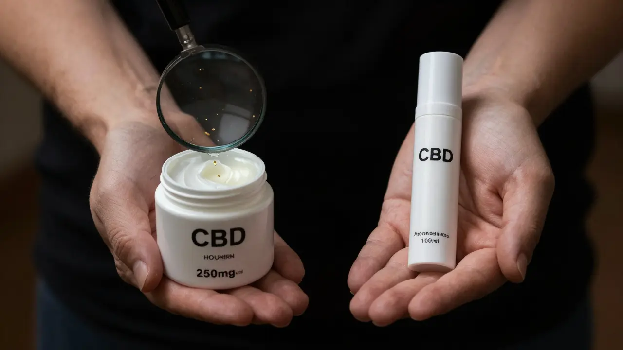 Porovnání kvalitního a nízkokvalitního CBD krému s detailním zvětšením složek.