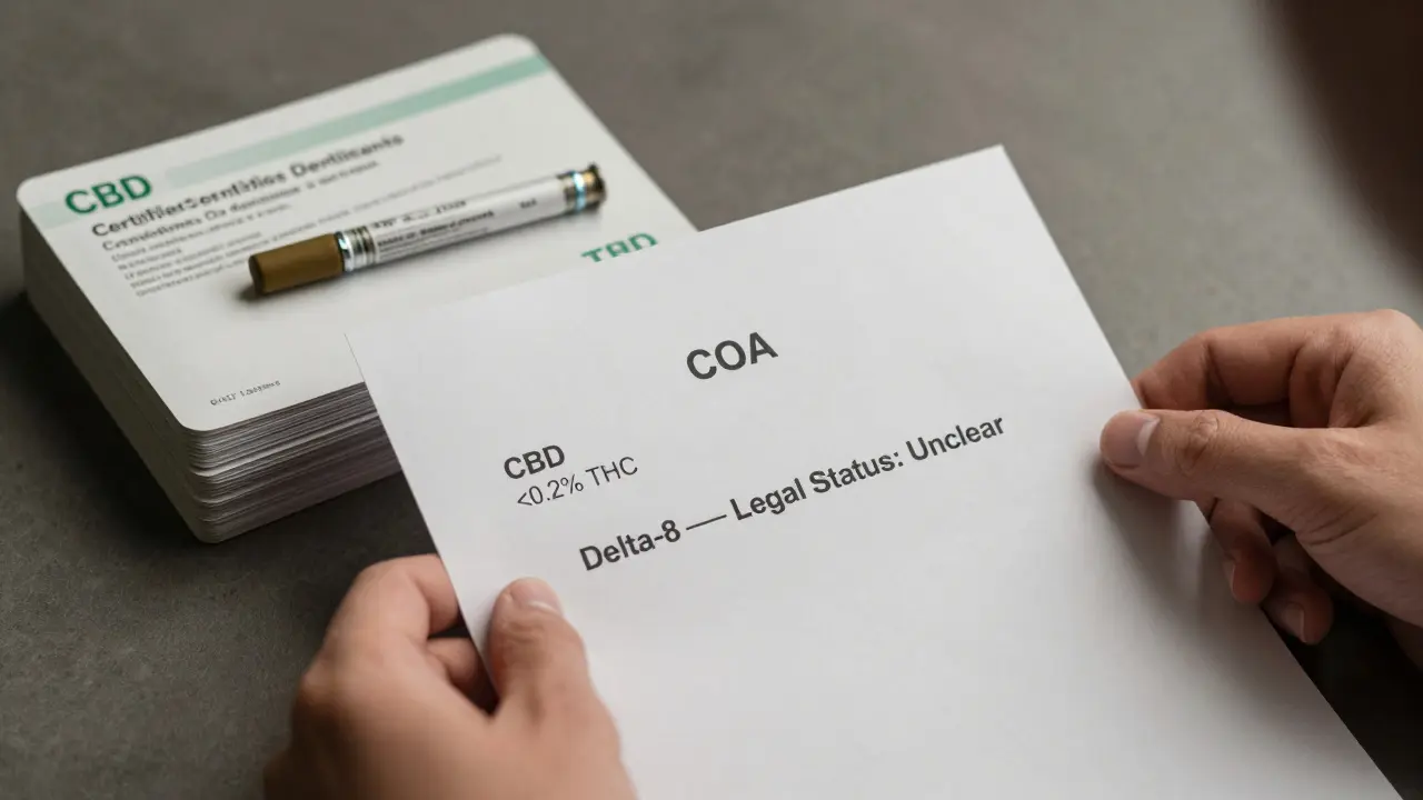 Ruce drží laboratorní výsledky s označením CBD a delta-8, vedle nich produkty v klidném osvětlení.