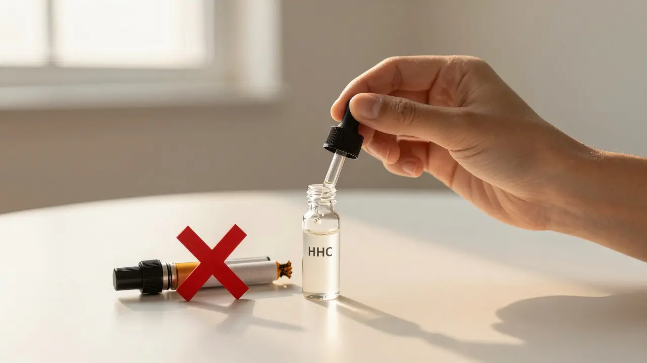 Ruka podává HHC kapky pod jazyk, vape a cigareta jsou označena červeným křížkem.