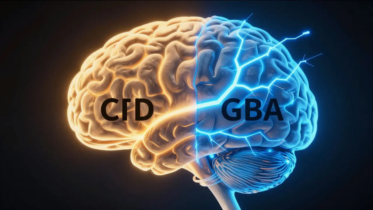 Umělecké znázornění mozku s jemným zlatým světlem CBD a intenzivními modrými pulsy Xanaxu.