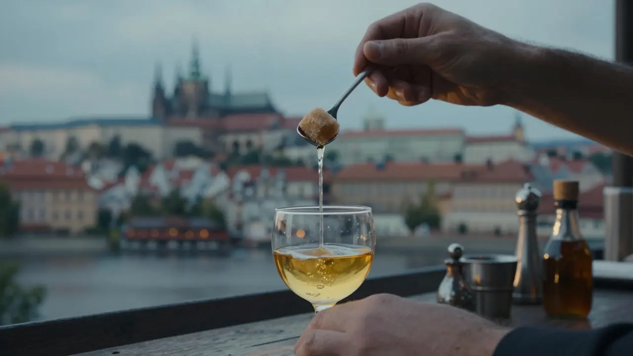 Český bartendr připravuje absint klasickou metodou s cukrem a vodou, zlaté světlo a mlhavý pozadí Prahy.