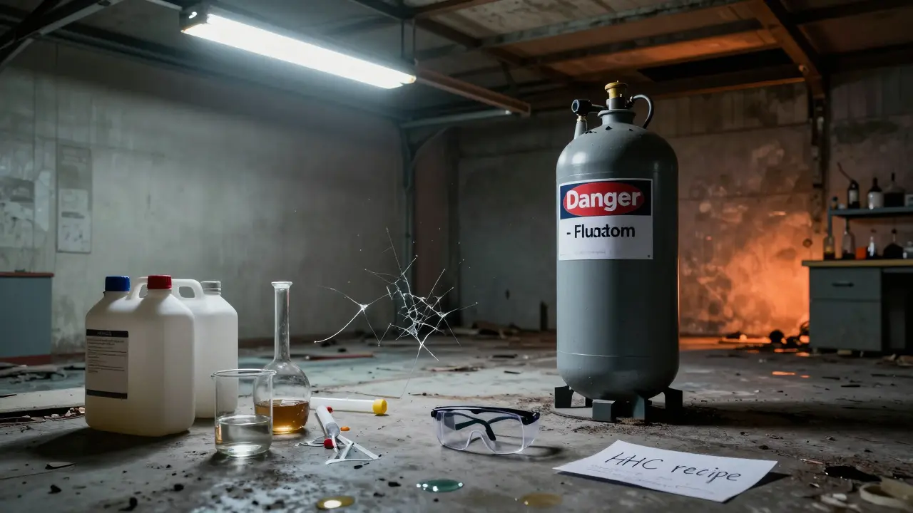 Chaotic amateur lab with dangerous chemical equipment and warning signs