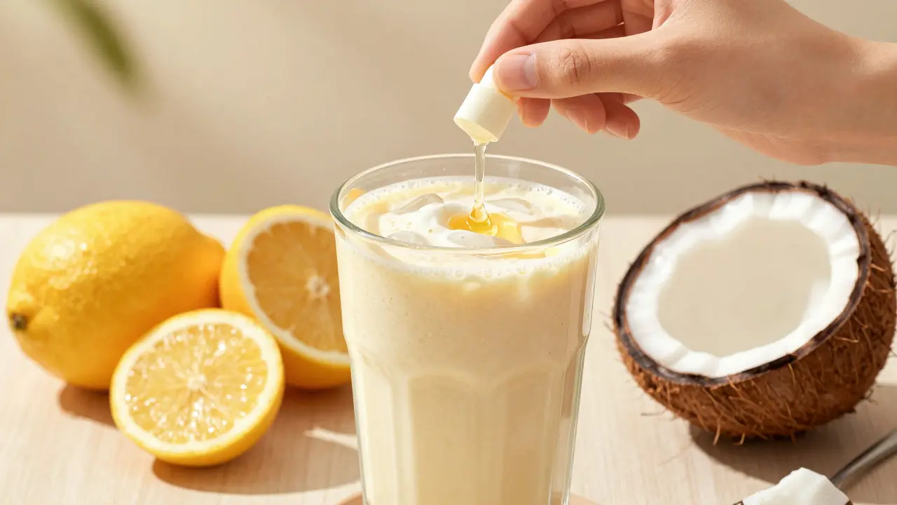 Chladný smoothie s přidanou kapkou H4CBD distilátu na stole v kuchyni.