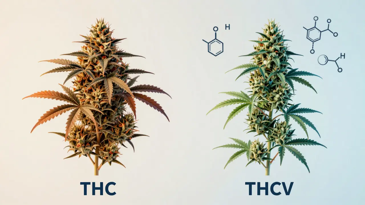 Dva různé typy konopných květů vedle sebe s chemickými strukturami THC a THCV.