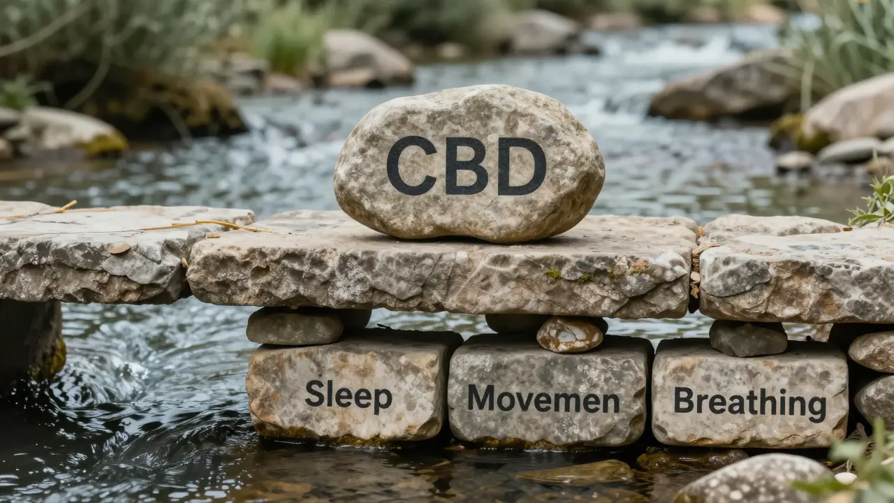 Křehký kamenný most s CBD jako jedním kamenem, základ tvoří zdravé návyky jako spánek, pohyb a strava.
