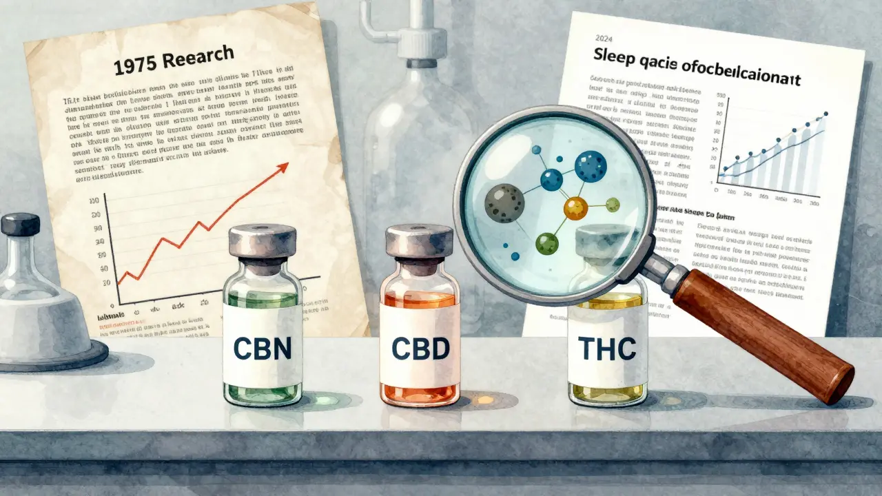 Laboratorní stůl s třemi lahvičkami cannabinoidů a grafy spánku, s magnifikátorem ukazujícím molekuly.