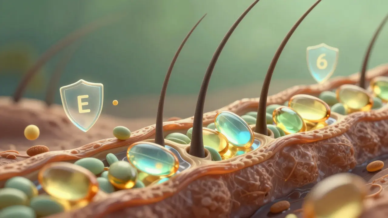 Mikroskopický pohled na vlasový folikul naplněný mastnými kyselinami a antioxidanty, které podporují růst vlasů.