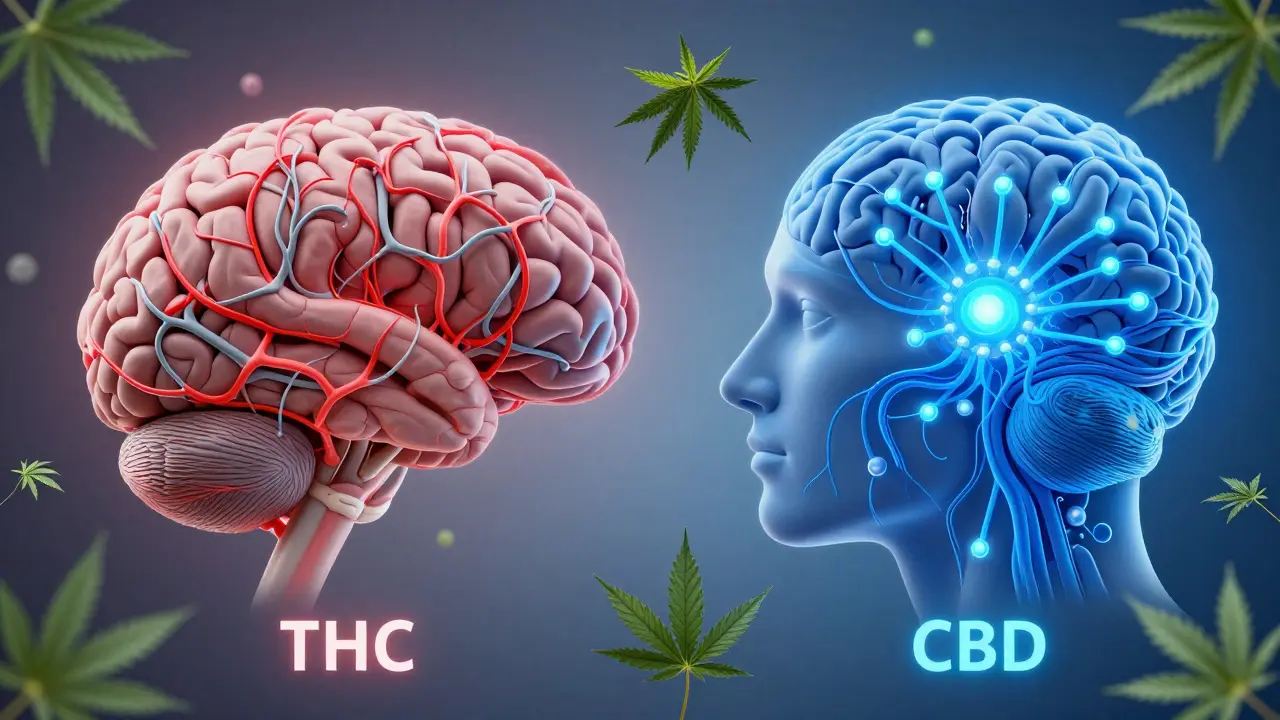 Porovnání mozkových cest THC a CBD: chaos vs. jasné, synchronizované spojení neuronů.
