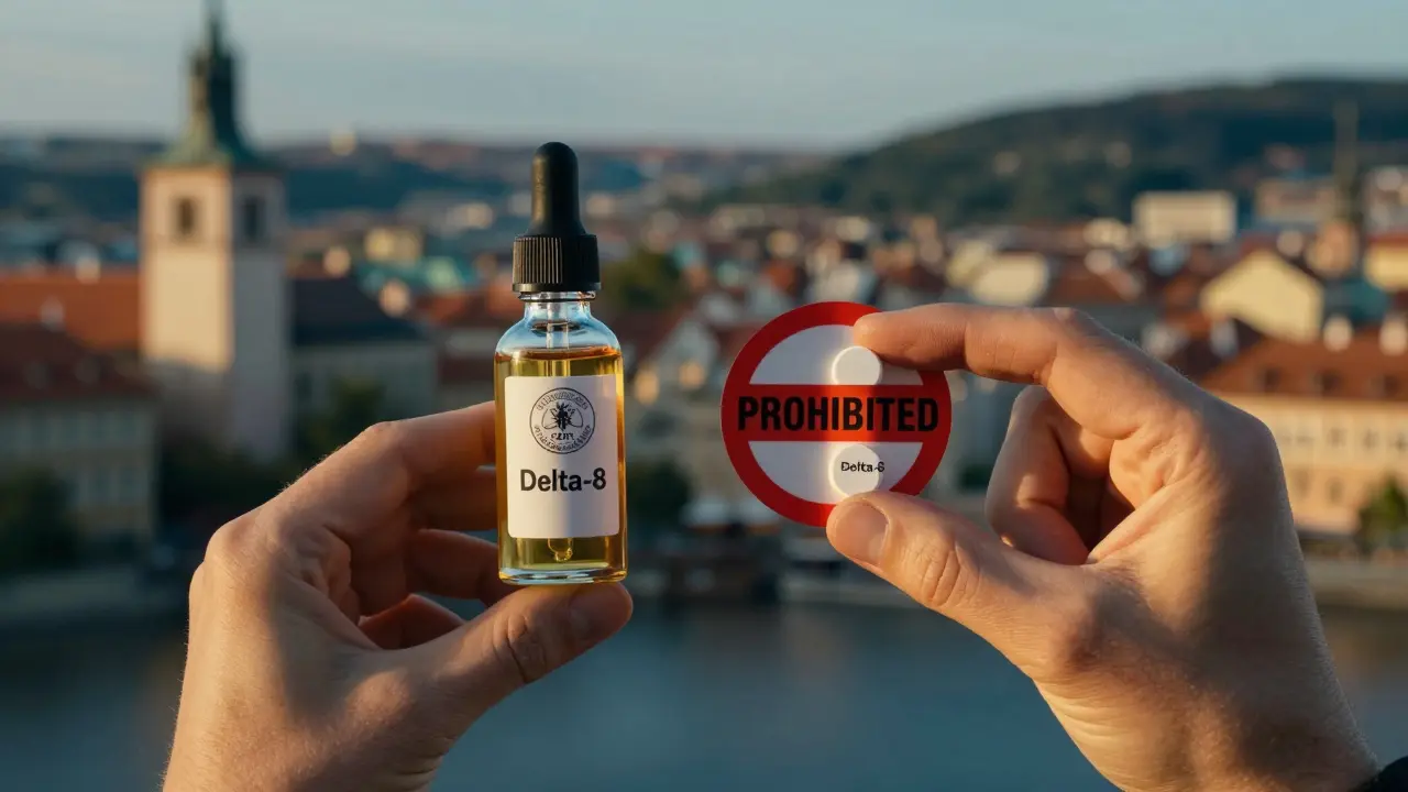 Ruce drží CBD olej s certifikací a tabletku delta-8 v červeném stínu zakázané látky, pozadí městský kraj Česka.