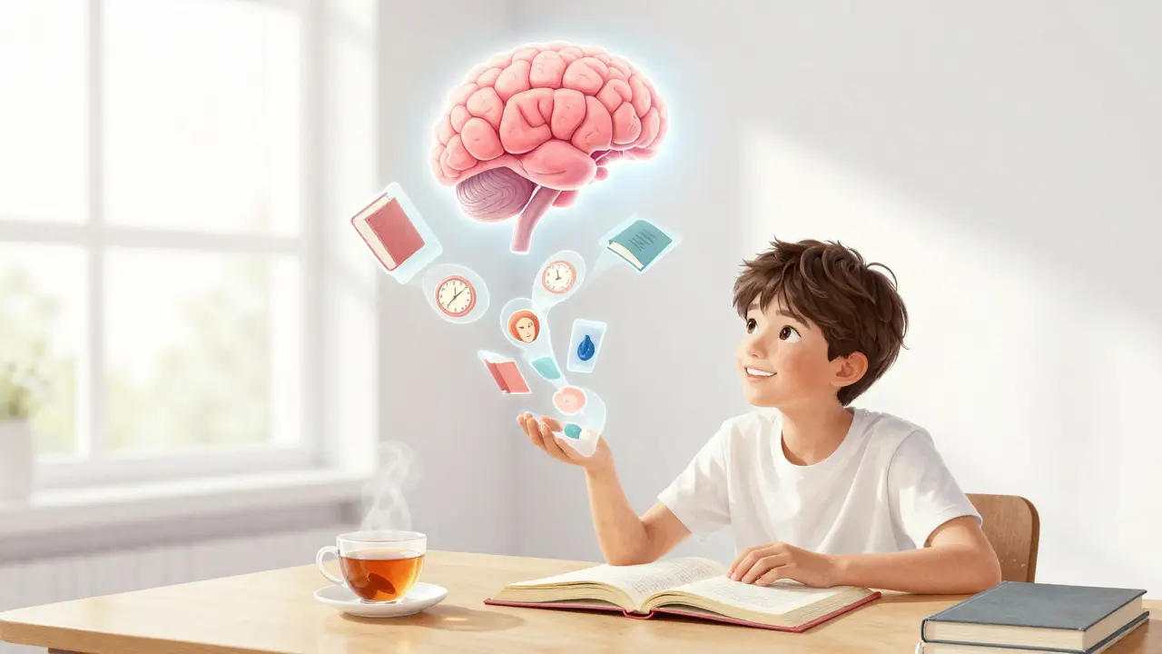 Student studuje s CBD kapslí, zatímco paměťové fragmenty stoupají k světlu hipokampu.